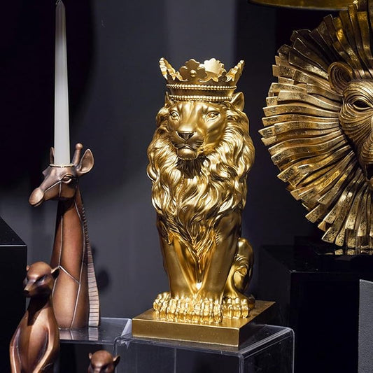 Gold Room Décor Lion Statue – 15 Inch Gold Statue Lion Figurine House Decorations with Crown Lion Statues Home Décor Lion Decoration Décor for Living Room Gold Décor 8.5 * 5.5 * 15 Inch