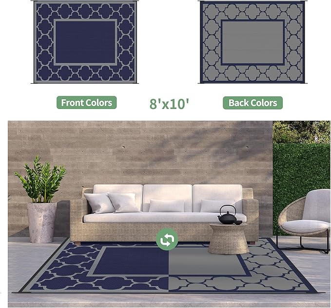 GENIMO Outdoor Rug 8' x 10' Patio Waterproof, Foldable Reversible Plastic Straw Area Rugs Mat for Camper Decor, Outside Carpet for Rv, Deck, Porch, Picnic, Beach, Balcony, Blue & Grey