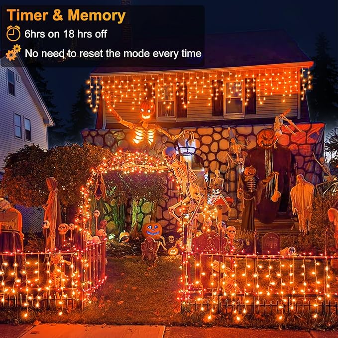 66ft Icicle Lights for Outside, Orange Christmas Lights Outdoor Indoor 640 LED Twinkle String Lights with 120 Drops Clear Wire Short Curtain Lights for Room Home Wall Bedroom Decor