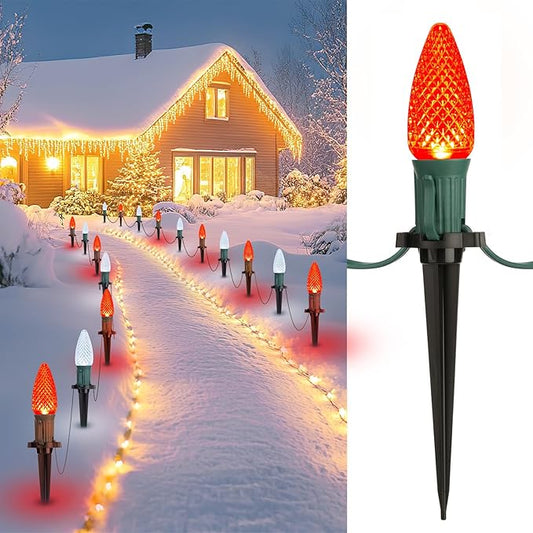 Brightown Strawberry C9 Christmas Pathway String Lights, 25.7 Feet C9 Walkway Lights with 20 Clear Bulbs and Stakes, Connectable Christmas Lights Outdoor Decoration for Outside Lawn, Red & Pure White