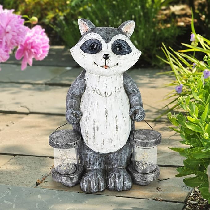 Exhart Garden Sculpture, Raccoon Solar Garden Statue with 2 Jars, 16 LED Firefly Lights, Outdoor Garden Decoration, 7.5 x 9 x 10.5 Inch