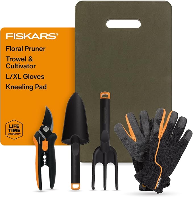 Fiskars Flower Gardening Tool Gift Set with Floral Pruner, Trowel, Cultivator, Garden Gloves, and Ultra-Light Kneeling Cushion for Outdoor Use (5 Piece Kit)