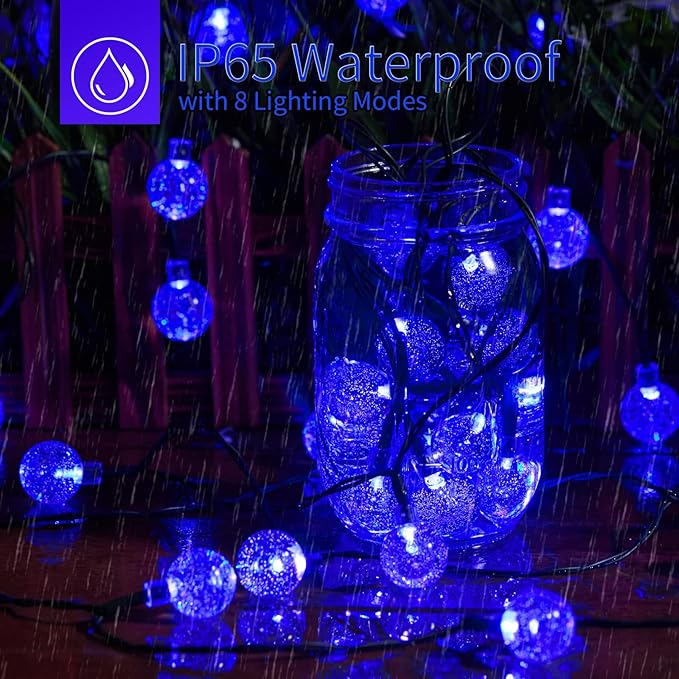 Brightown Solar String Lights - 60 Led, 35.6 Feet Crystal Globe Lights with 8 Modes, Waterproof, Solar Powered for Outdoor Garden Yard Porch Wedding Party Decor Halloween (Blue)