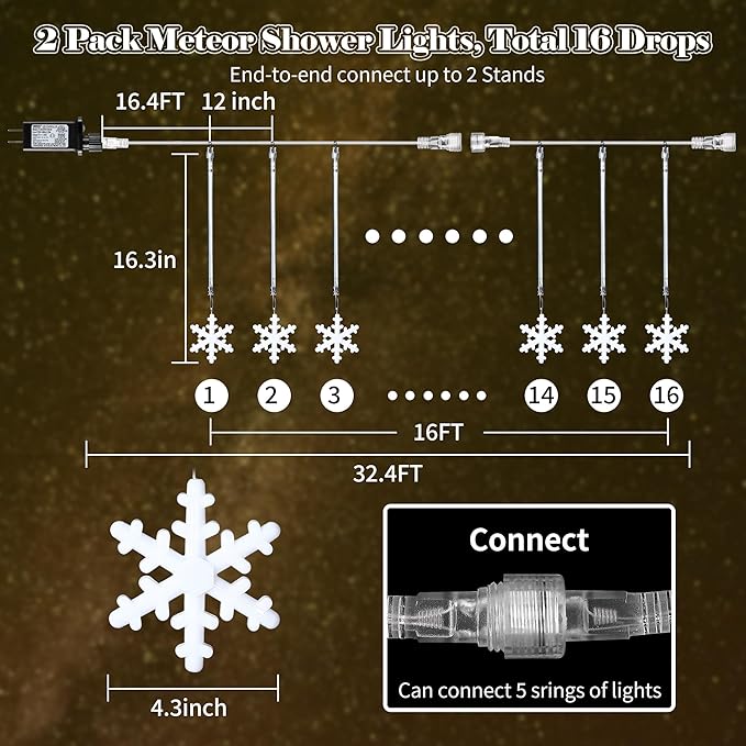 Enhon 2 Pack Meteor Shower Snowflake Lights Outdoor with Timer, Total 480 LED 12in 16 Tube Connectable Waterproof Meteor Rain Drop Christmas Light with Snowflake for Xmas Tree Roof Garden(Warm White)