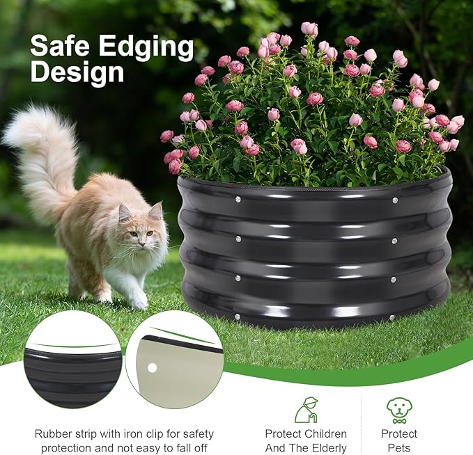 Galvanized Raised Garden Bed- 2Pcs 2x2x1FT Metal Planter Boxes Outdoor | Round Steel Raised Bed Kit & Fire Pit Ring for Gardening with Protective Tape, Gloves for Vegetables, Flower (Grey)