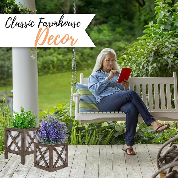 Autumn Alley Farmhouse Front Porch Planters Set of 2 Stand with Galvanized Corrugated Metal Planters for Outdoors/Indoors - Rustic Wood Square Planters Box on Legs – Charming Farmhouse Décor, Brown