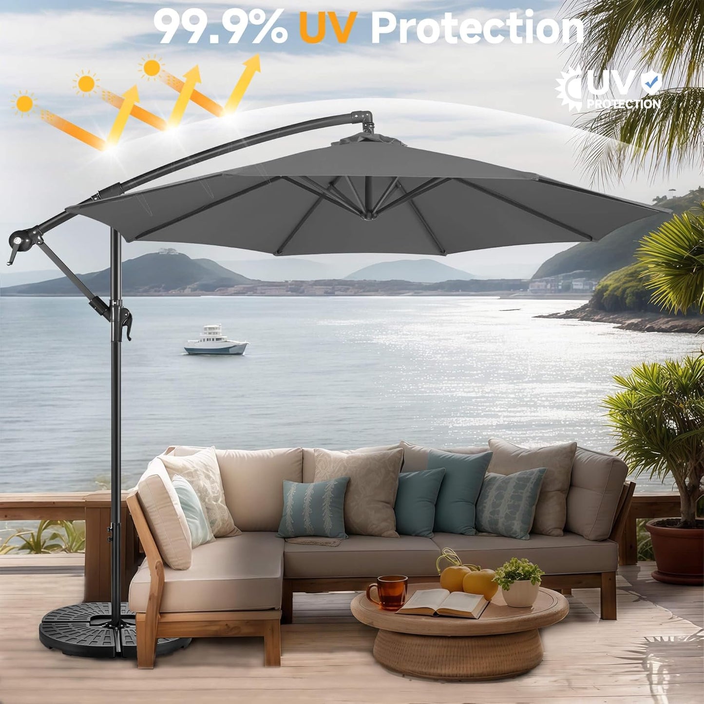 FLAME&SHADE 10ft Cantilever Patio Umbrella Outdoor, Large Offset Umbrella with Crank and Cross Base, UPF 50+ UV Protection Hanging Umbrella for Pool Deck Garden, Anthracite