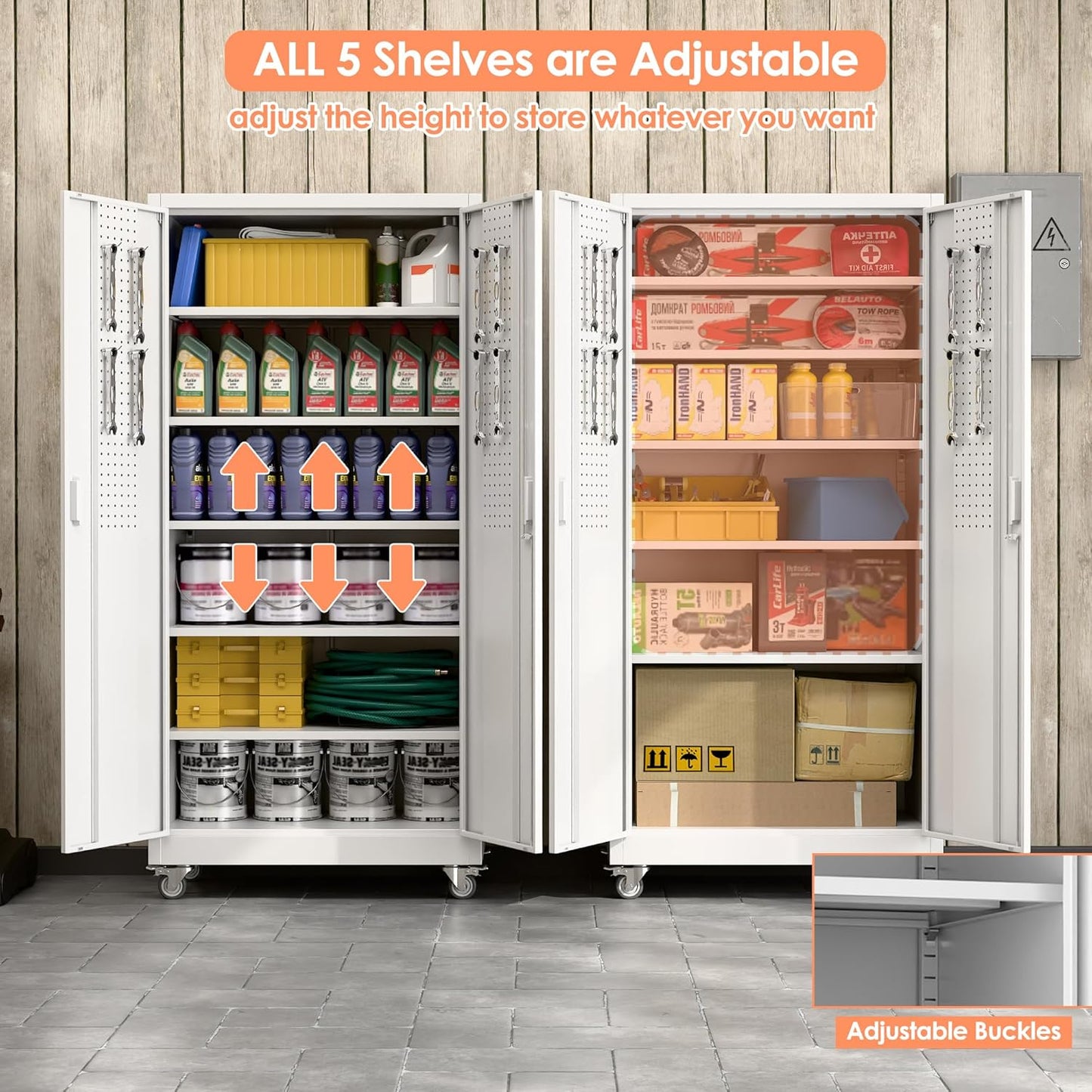 Aobabo 71" H×32" W×16" D Metal Storage Cabinet with Wheels, Garage Steel Storage Cabinet with 5 Adjustable Shelves and 4 Hooks for Home Office, Kitchen, Assembly Required, White