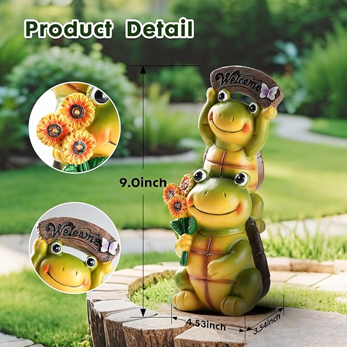 Garden Turtle Outdoor Statues, Solar Garden Statue Two Sweet Frog Face Turtles Decor with 3 LED Lights, Unique Art Resin Gifts for Patio Lawn Porch Yard