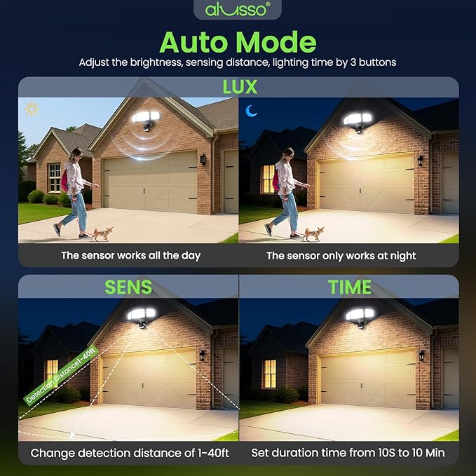ALUSSO® LED Security Lights Motion Sensor, 60W 6000LM 3 Modes Flood Lights Outdoor Motion Sensor, 3CCT 3 Heads Outdoor Security Light Wet Location Use for House Garage Yard Walkway Black