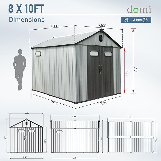 Domi 8x10 FT Outdoor Resin Storage Shed, All-Weather Double-Wall Garden Shed for Backyard, Lawn Tools, Bike, Mower & Pool Equipment with Lockable Doors, Ventilated Roof, Grey