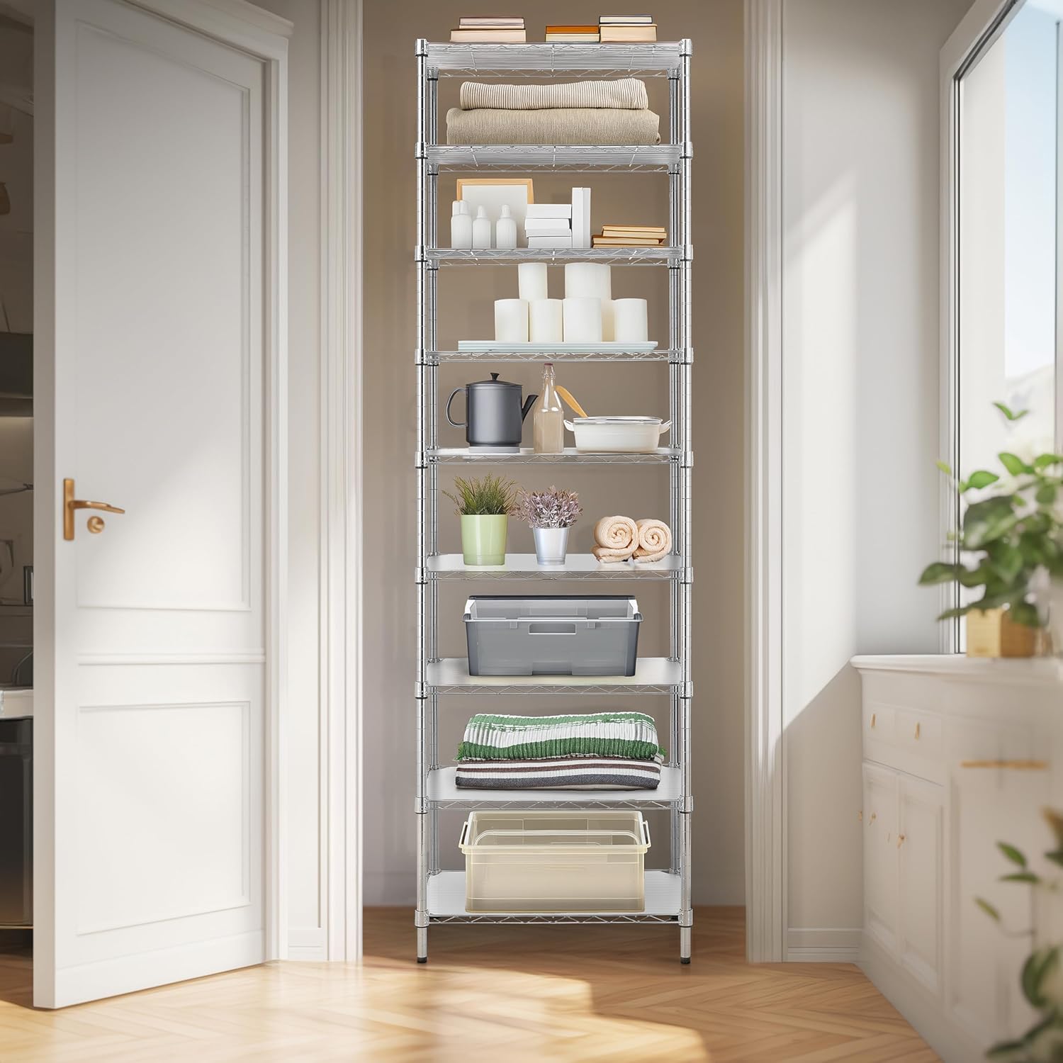 Finnhomy 9-Tier Wire Shelving Unit Adjustable Steel Wire Rack Shelving, 81 Inches Height 9 Shelves Metal Storage Rack, Pantry Shelves for Storage with PE mat, NSF Certified, Chrome