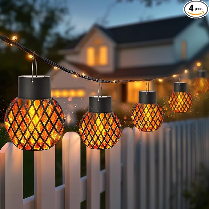 GIGALUMI Solar Lights Outdoor Waterproof,4 Pack Solar Hanging Lights with Flickering Flame,Outdoor Solar Lights for Yard,Patio,Tree,Camping,Christmas Decoration,New Upgraded Larger Lanterns