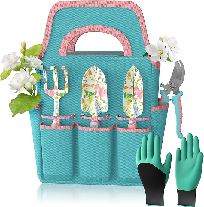 6 Pcs Garden Tool Set, Gardening Hand Tools Aluminum Alloy Starter Kit with Garden Bag, Heavy Duty Outdoor Tool Set with Ergonomic Handle, Gardening Gifts (Flower Pattern)