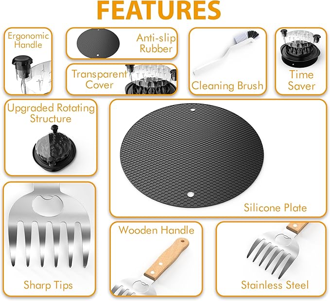 Chicken Shredder Tool Twist Plus Meat Claws and Cleaning Brush - Kitchen Essentials - Meal Prep Tools - Pulled Pork Shredder - Meat Shredder Tool Twist - Kitchen and Barbecue Gifts