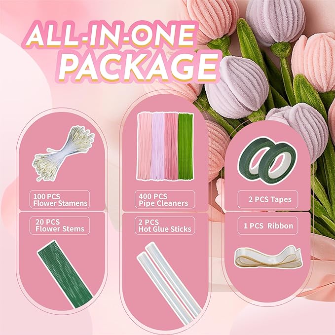 Upgraded 2026 Pipe Cleaners Craft Kit: 400-Piece DIY Flower Making Supplies with Exclusive Color Palette | Includes Chenille Stems, Floral Wire, Gardening Tape, Stamen & Ribbon for Kids Arts & Crafts