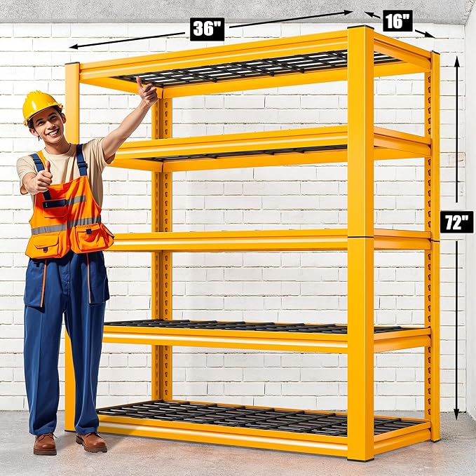 REIBII Garage Shelving Load 3000LBS, 5-Tier Storage Shelves, Adjustable Heavy Duty Metal Shelving Unit for Pantry, Basement, Warehouse, 72" H x 36" W x 16" D