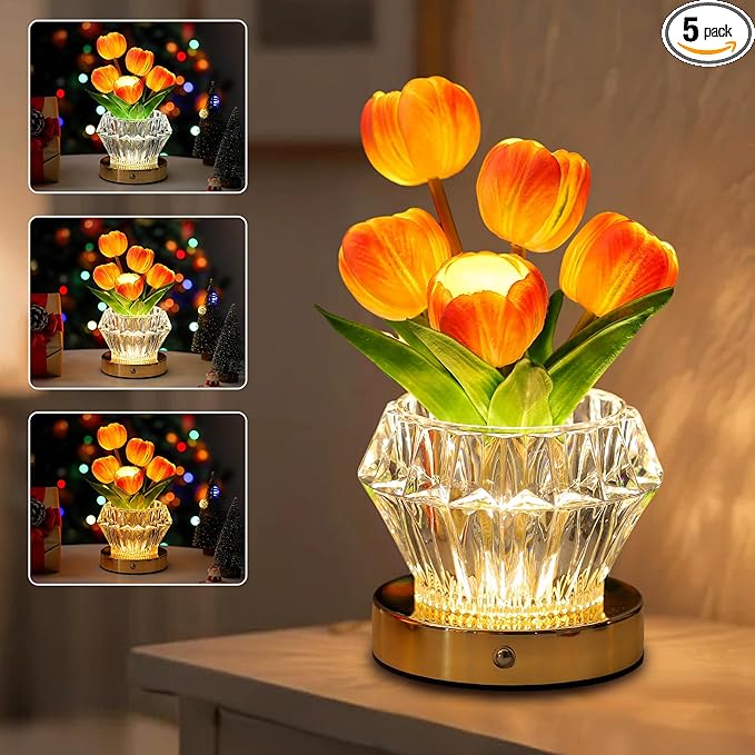 Tulip Flower Lamp with Diamond Vase, 3 Color LED Night Light, Dimmable Touch Control, Artificial Floral Decor for Bedroom Bar Coffee Shop Wedding Birthday Gifts for Women Christmas Valentine Day