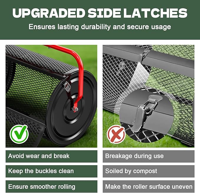 Compost Peat Moss Spreader for Lawn, 24 Inch Compost Roller Spreader with Adjustable T-Shaped Handle, Upgraded Side Clasps, Durable Lightweight Metal Roller, Lawn Garden Yard Care (Black)