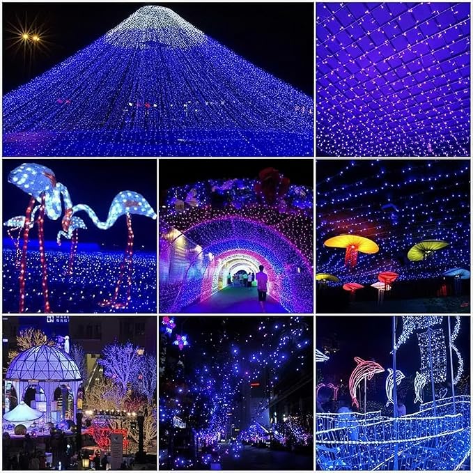 EEW 2-Pack 200 LED Solar String Lights Outdoor, Solar Christmas Lights with 8 Lighting Modes, Waterproof Green Wire Solar Tree Lights for Outside Xmas Wedding Party Garden Patio Decorations (Blue)