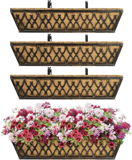4 Pack 24 Inch Window Boxes Planters Railing Planter Box with Adjustable Brackets for Porch Fence Patio Balcony Hanging Flower Baskets with Coco Liners for Outdoor Garden Decor - Bronze