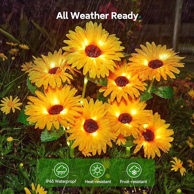 4 Pack Outdoor Solar Garden Lights with 16 Glowing Daisy Flowers & Stems, Waterproof Auto ON/Off Solar Flowers Lights for Yard Patio
