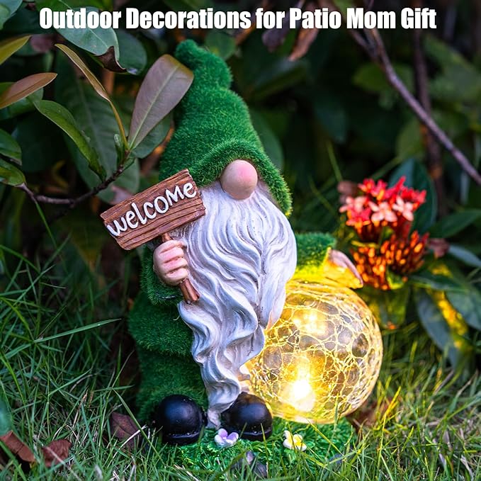 Gnome Garden Statue Figurine Decor with Solar Lights, Outdoor Garden Succulent Ornaments Waterproof Decoration for Outside Patio Yard Lawn Decor