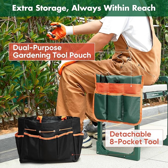 Garden Kneeler and Seat Foldable Kneeling Chair with Extendable Legs & Thickened Pad,Heavy Duty Foldable Gardener Stool with Tool/Storage Bags for Grandparents Gardeners