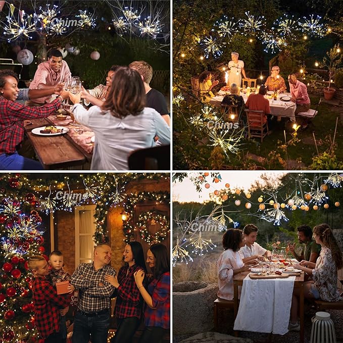 4 Pack Firework Lights, Yellow and White Patio Fairy Light Lighting Star Fireworks Sphere Fancy 120 LED DIY Dandelion Decoration Light with Remote, for Outdoor Bar Tree Wedding Party Restaurant