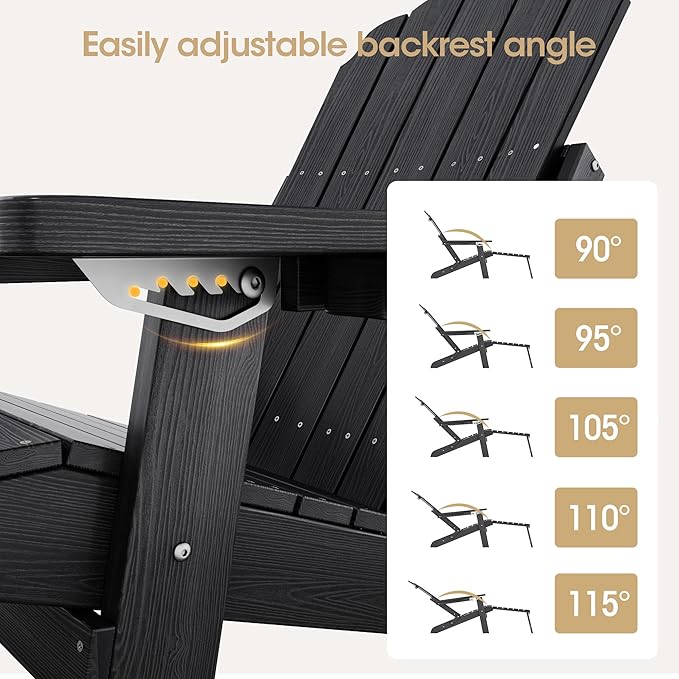 Adjustable Backrest Folding Adirondack Chair Set of 4, Adirondack Chair with Retractable Ottoman, Weather Resistant Fire Pit Chair with 2 Cup Holders, for Porch Backyard Outdoor Lawn, Black