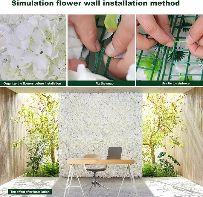 Flower Wall Backdrop 12PCS 16.5x16.5 Inch Floral Wall Panel White Artificial Silk Rose Wall Decor Ideal for Wedding Celebrations, Festive Party Backdrops and Home Decor
