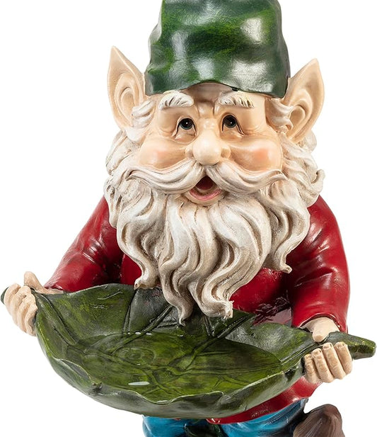 Alpine Corporation 16" Tall Outdoor Garden Gnome and Bird Feeder Yard Statue Decoration
