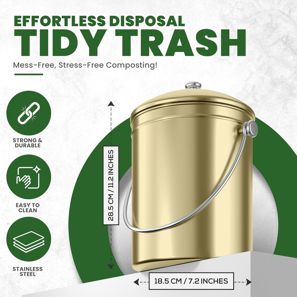 Utopia Kitchen Compost Bin for Kitchen Countertop - 1.3 Gallon Compost Bucket for Kitchen with Lid - Includes 1 Spare Charcoal Filter (Gold)