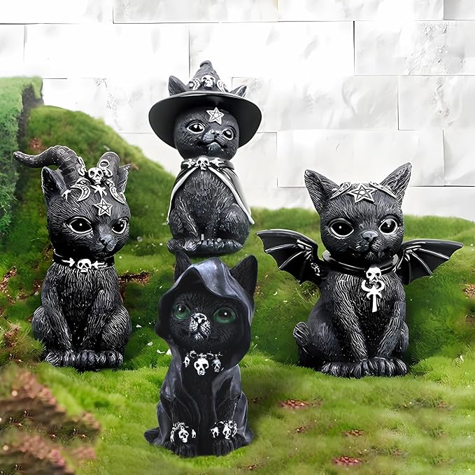4PCS Set Cats Garden Decor Cat Gnome Statues for Outdoor Halloween Cat Figurine Cat Lover Idea Cute Cat homedecor Waterproof Figurines Lawn Ornaments