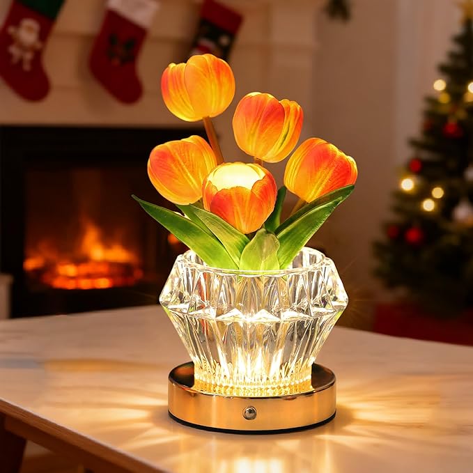 Tulip Flower Lamp with Diamond Vase, 3 Color LED Night Light, Dimmable Touch Control, Artificial Floral Decor for Bedroom Bar Coffee Shop Wedding Birthday Gifts for Women Christmas Valentine Day