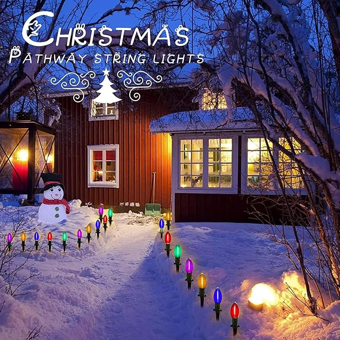 C9 LED Christmas Pathway Lights Outdoor 38Ft 25 LED C9 Multicolor Bulbs Christmas Pathway Stakes Lights, Connectable Outdoor Christmas Walkway Lights for Yard Patio Sidewalk Driveway Garden Lawn Decor