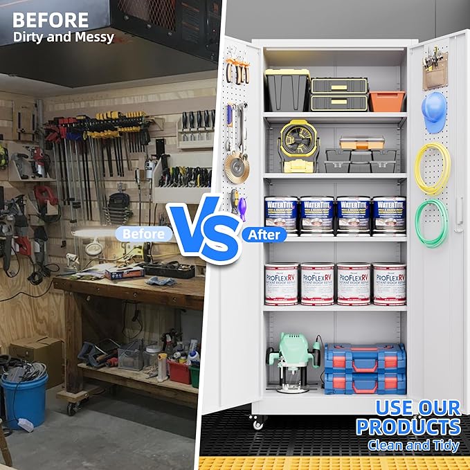 73" H Metal Garage Storage Cabinet with Wheels & Pegboard,Rolling Tool Cabinet with 2 Doors and 4 Shelves for Garage,Home,Office,Warehouse,Workshop, Required-Assembly,White