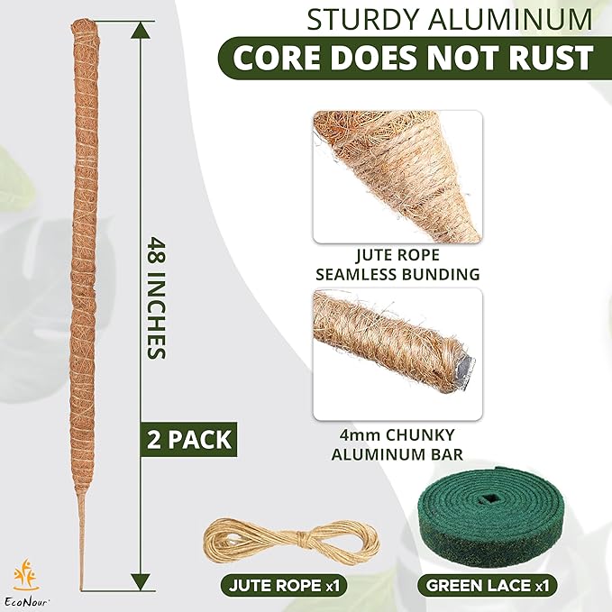 EcoNour Moss Pole for Plants – 48 inches 2 Pack | Monstera Plant Support for Plant Climbing and Growth | Elevate Your Indoor Garden, Plant Support for Indoor Potted Plants to Grow Upwards