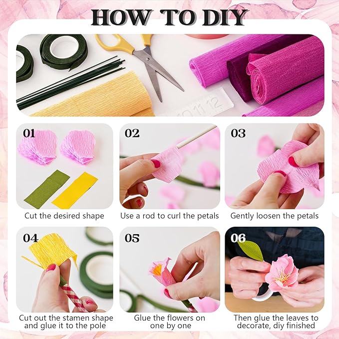 12 Colors Crepe Paper Rolls 10 x 98 Inch Crepe Paper Sheets Assorted Streamers with Floral Stem Wire and Green Floral Tapes DIY Flower Wrapping Paper for Birthday Party Wedding Festival Decoration