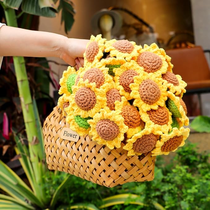 Sunflower Gifts for Women-Teacher Appreciation Gifts-Sunshine Teacher Friend Mom Sister Grandma Birthday Retirement Gifts,Thank you,Get well, Sunflower Crochet Flower Bouquet Blanket 43 Inches