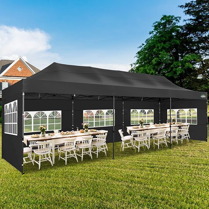 COBIZI 10x30 Pop up Canopy Tent 10x30 Canopy with Sidewalls, Heavy Duty Party Tent Tents for Parties, Foldable UPF 50+ Waterproof Commercial Easy up Canopy with Roller Bag, Black(Windproof Upgraded)