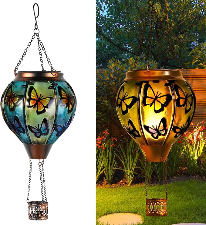 Butterfly Hot Air Balloon Solar Lantern, Solar Hot Air Balloon Flickering Flame Hanging Garden Light Candle LED Light Glass & Metal Waterproof Outdoor Lanterns Yard/Patio Decorative, Gift for Mom