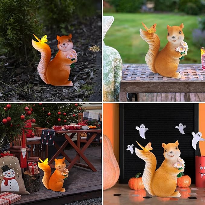 Attivolife Solar Squirrel Garden Statue Light, Outdoor Decor Figurines with Butterfly, Yard Patio Balcony Lawn Home Decor Sculpture Ornaments, Mother's Day Birthday Gift for Mom Grandma