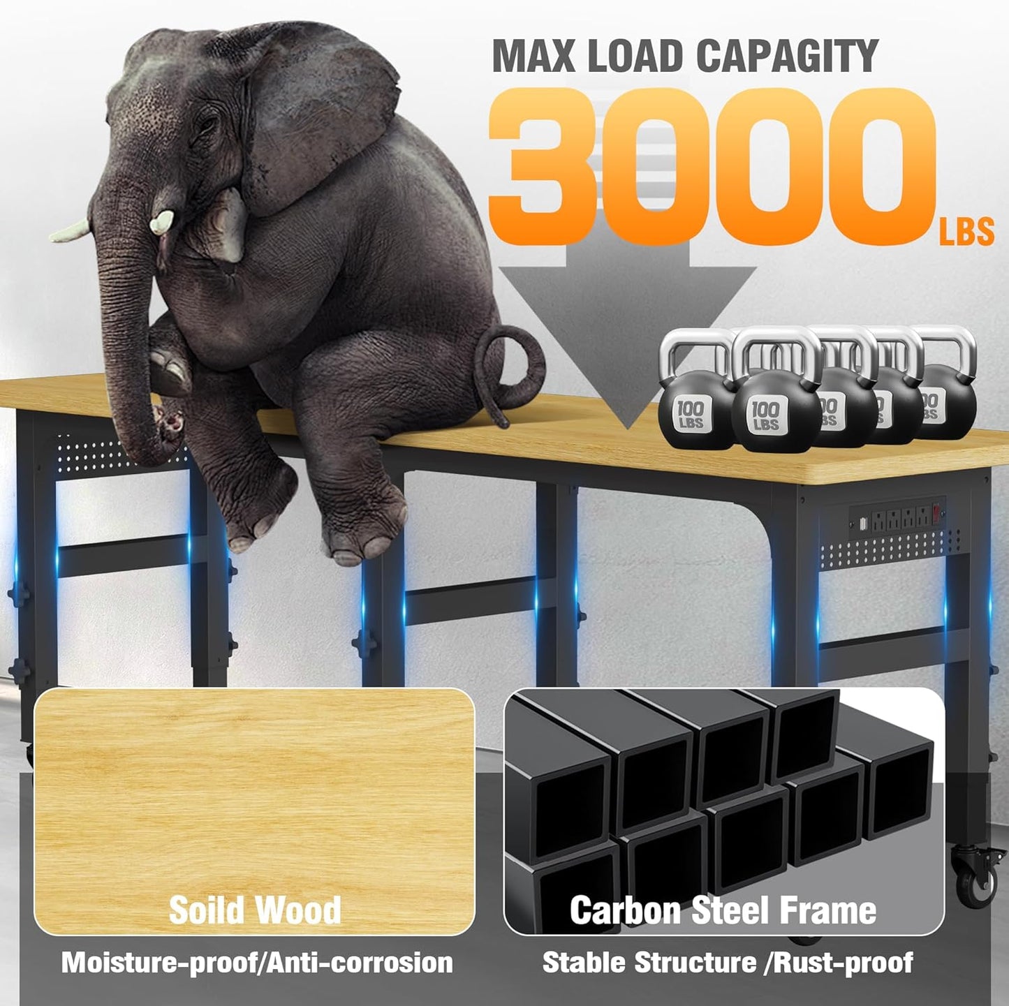 83" Heavy Duty Work Bench with Wheels, Adjustable Height 3000 Lbs Garage Workbench w/Pegboard Pad & Power Outlets, Portable Mobile Tool Work Table for Woodworking Workshop Home Office (83" L)