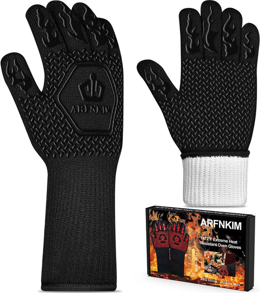 BBQ Oven Gloves 1472℉ Heat Resistant Oven Mitts Silicone Non-Slip Cooking Gloves for Barbecue, Grilling, Baking, Welding, Smoker (A Pair) (Black)
