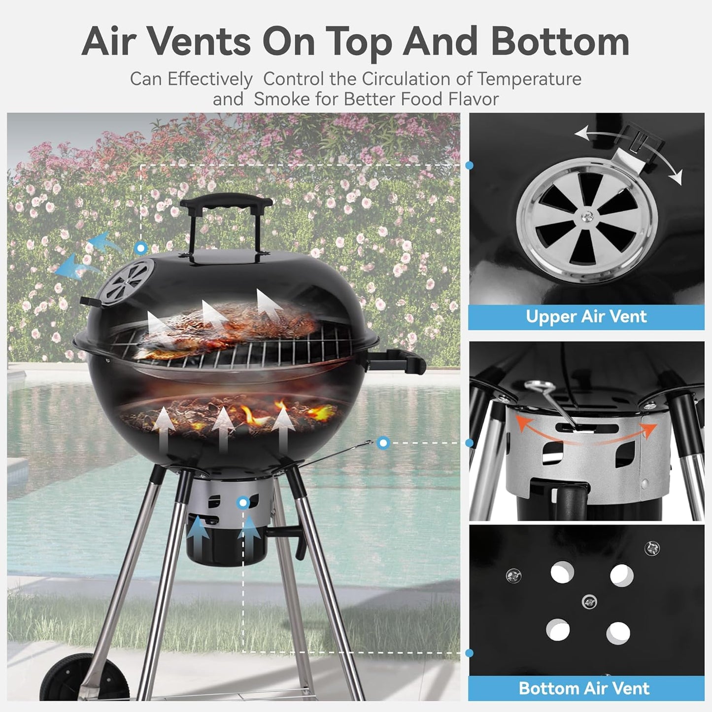 GREEN PARTY 18 inch Kettle Charcoal BBQ Grill with Wheels, Portable Charcoal Grill with Porcelain-Enameled Lid & Ash Catcher for Outdoor Cooking Barbecue Camping Picnics Tailgating