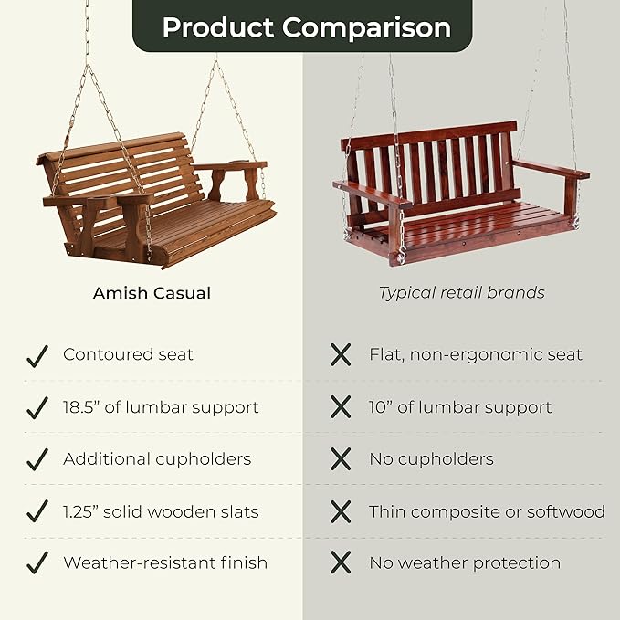 Amish Casual 4 Foot Roll Back Porch Swing with Cup Holders in Oak Stain - Amish Made in The USA from Treated Pine Heavy Duty 700 Lb. Weight Capacity