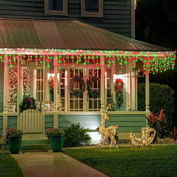 66ft Icicle Lights for Outside, Red and Green Christmas Lights Outdoor Indoor, 640 LED Twinkle String Lights with 120 Drops, Clear Wire Short Curtain Lights for Thanksgiving Room Home Wall Bedroom