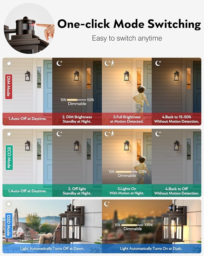 Distance-Adjustable Motion Sensor Outdoor Lights, Oil Rubbed Bronze Wall Mounting Porch Light, Waterproof Dusk to Dawn Exterior Lighting Fixtures Sconce, Anti-Rust Outdoor Lanterns for Porch