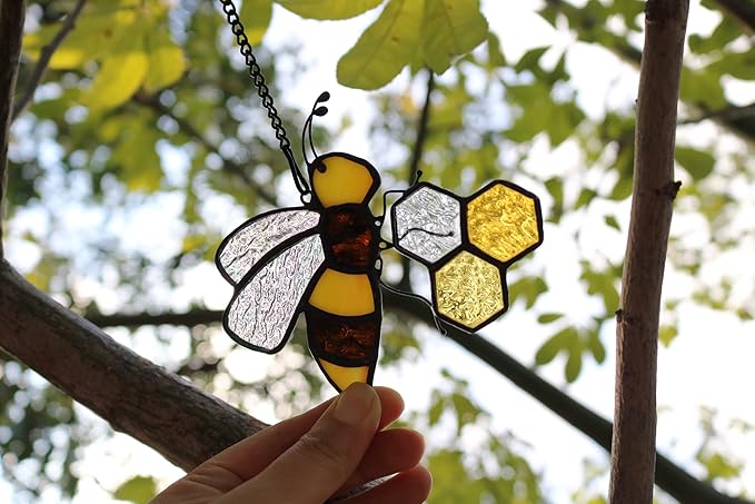 Bee On Honeycomb Stained Glass Window Hangings, Bee Suncatcher Garden Bee Decor Bee Gift for Mom Women